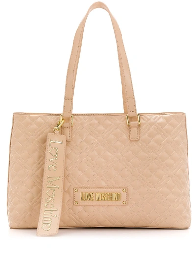 Shop Love Moschino Large Quilted Logo Tote In Neutrals