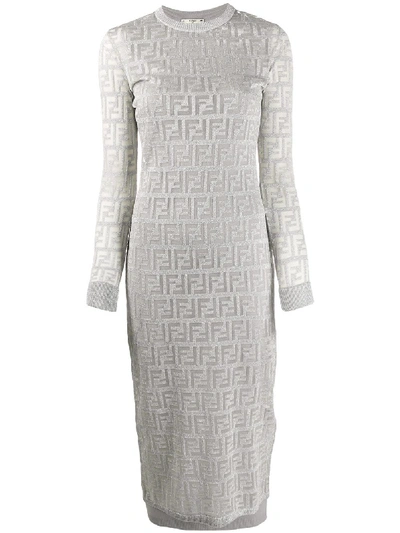 Shop Fendi Ff Motif Midi Dress In Silver