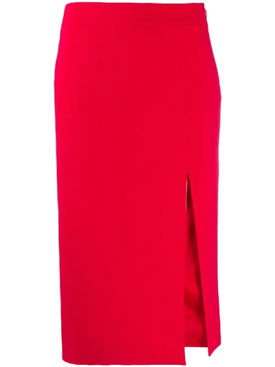 Shop Moschino Front Slit Midi Skirt In Red