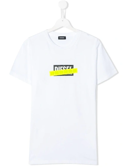 Shop Diesel Teen Tjustdie Cotton T-shirt In White