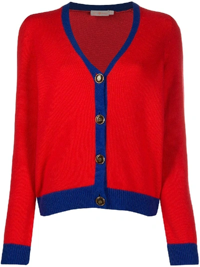 Shop Tory Burch Color-block Cashmere Cardigan In Red
