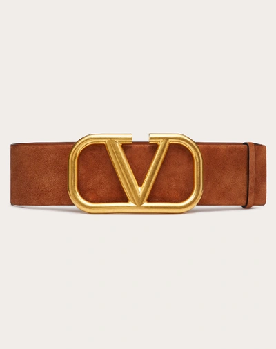 Shop Valentino Garavani Vlogo Signature Suede Leather Belt 70 Mm / 2.8 In. In Tan