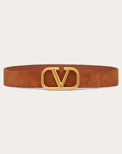 Shop Valentino Garavani Vlogo Signature Suede Leather Belt 40 Mm / 1.6 In. In Tan
