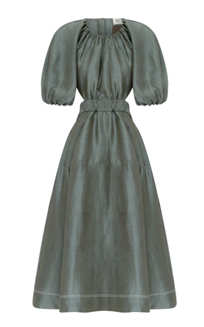 Shop Aje Mimosa Cutout Linen And Silk-blend Midi Dress In Green