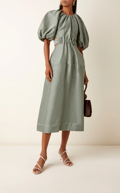Shop Aje Mimosa Cutout Linen And Silk-blend Midi Dress In Green