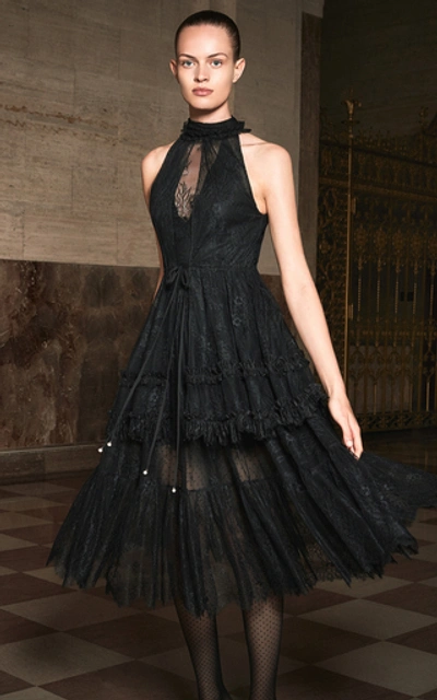 Shop Alexis Magdalina Tiered Halterneck Lace Midi Dress In Black