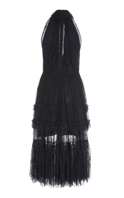 Shop Alexis Magdalina Tiered Halterneck Lace Midi Dress In Black