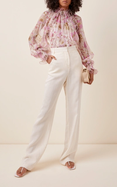 Shop Zimmermann Ruffled Floral-print Silk-chiffon Blouse In Pink