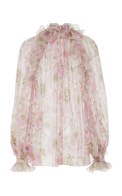 Shop Zimmermann Ruffled Floral-print Silk-chiffon Blouse In Pink