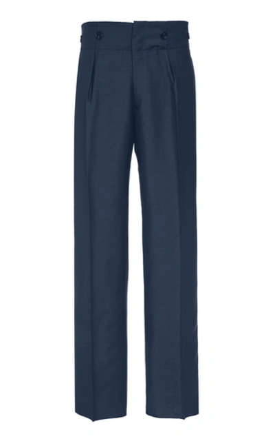 Shop Lanvin Wool And Mohair-blend Straight-leg Pants In Navy