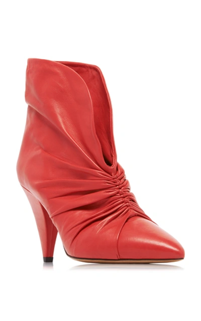 Shop Isabel Marant Lasteen Ruched Leather Ankle Boots In Red