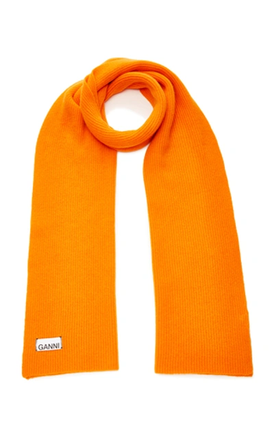 Shop Ganni Ribbed Wool-blend Scarf In Orange