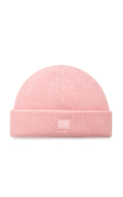 Shop Acne Studios Kansy Appliquéd Ribbed Wool-blend Beanie In Pink
