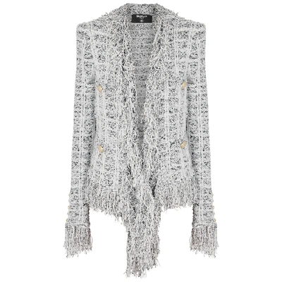 Shop Balmain Checked Fringed Tweed Blazer In Black And White