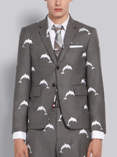 Shop Thom Browne Medium Grey Wool Dolphin Embroidered Classic Sport Coat