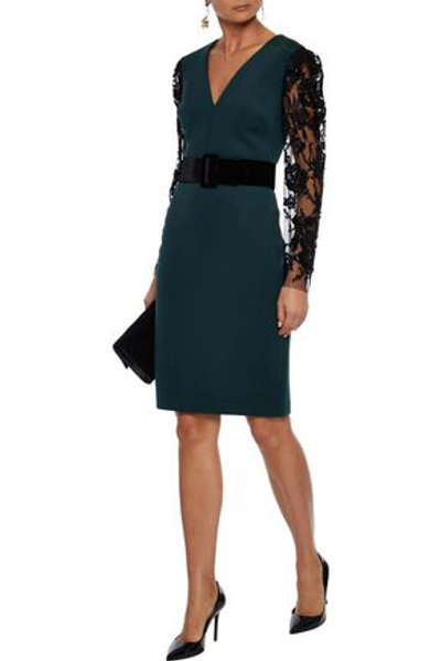 Shop Badgley Mischka Embellished Tulle-paneled Neoprene Dress In Emerald