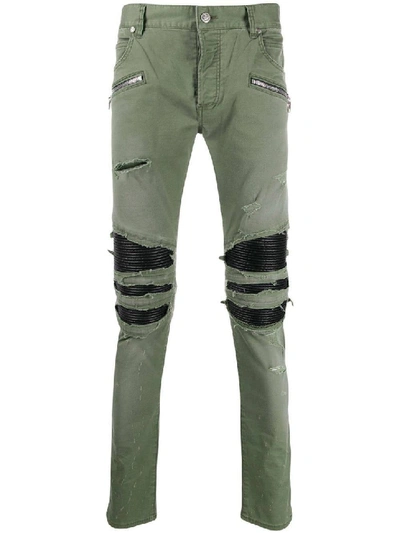 Shop Balmain Distressed Khaki Green Trousers In Grey