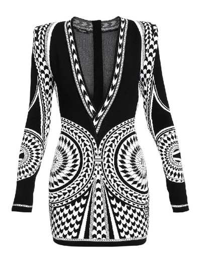 Shop Balmain Mini Geometric Jacquard Dress In Black