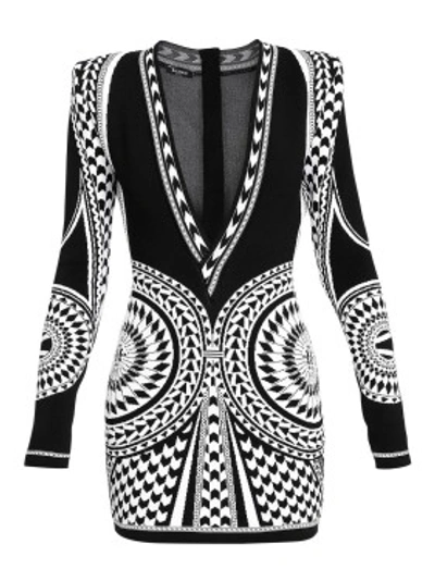 Shop Balmain Mini Geometric Jacquard Dress In Black