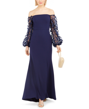 off the shoulder 3d floral sleeve scuba crepe evening dress