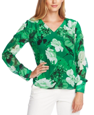 Shop Vince Camuto Floral-print Smocked-trim Top In Deep Emerald