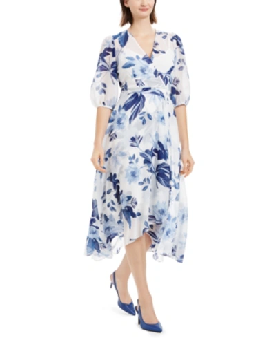 Shop Calvin Klein Printed Chiffon Surplice Dress In Cream/blue Multi