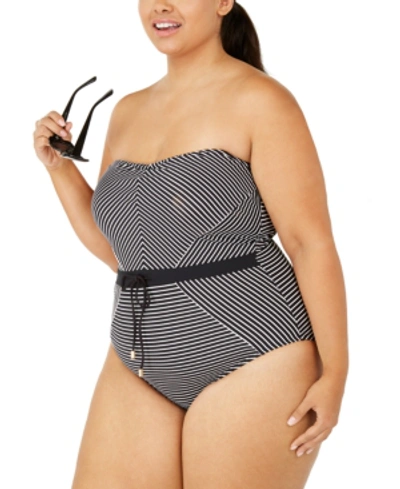 Shop La Blanca Plus Size Pinstriped Bandeau One-piece Swimsuit Women's Swimsuit In Black/white Stripe