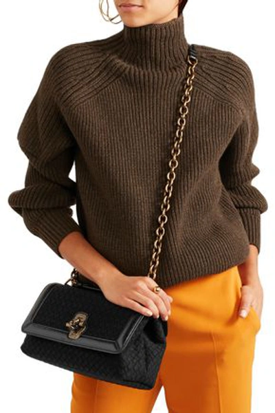 Shop Bottega Veneta Olimpia Knot Watersnake-trimmed Intrecciato Wool Shoulder Bag In Black
