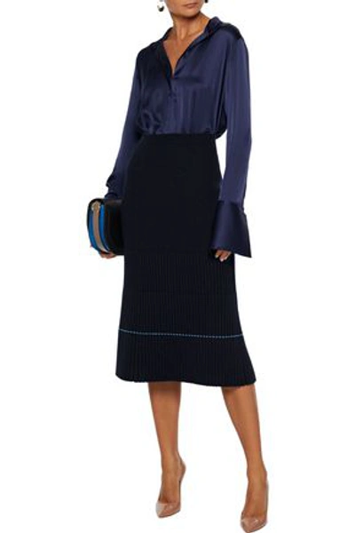 Shop Victoria Beckham Ribbed Wool-blend Midi Skirt In Midnight Blue