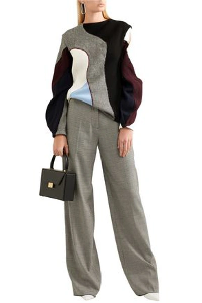 Shop Victoria Beckham Paneled Ribbed-knit, Houndstooth Wool And Sateen Sweater In Multicolor