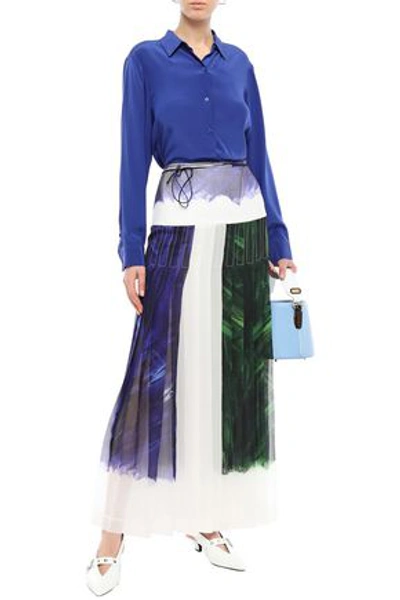 Shop Victoria Beckham Pleated Printed Crinkled Silk-chiffon Maxi Skirt In Blue