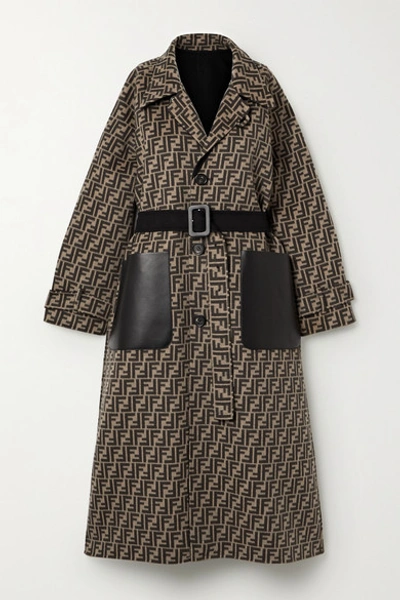 Shop Fendi Reversible Belted Leather-trimmed Wool And Silk-blend Jacquard Coat In Black