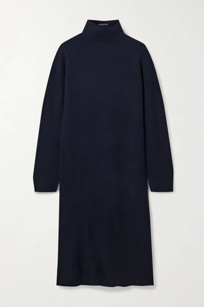 Shop The Row Moa Ribbed Wool And Cashmere-blend Turtleneck Midi Dress In Navy