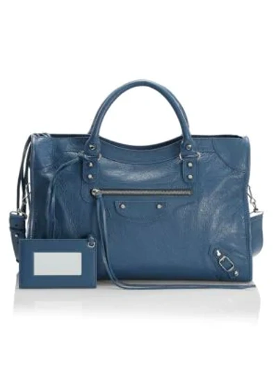 Shop Balenciaga Medium Classic City Leather Satchel In Denim Blue