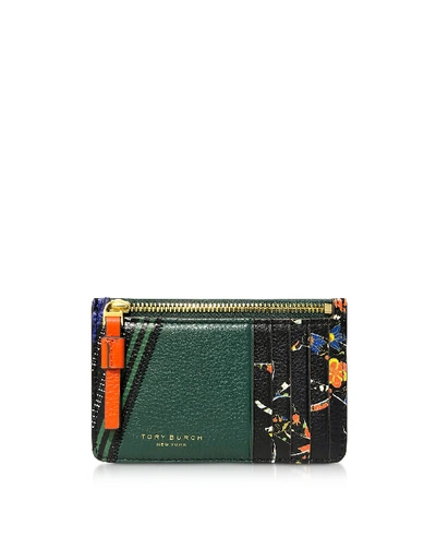 Shop Tory Burch Floral Perry Mixed-print Top-zip Card Case In Green