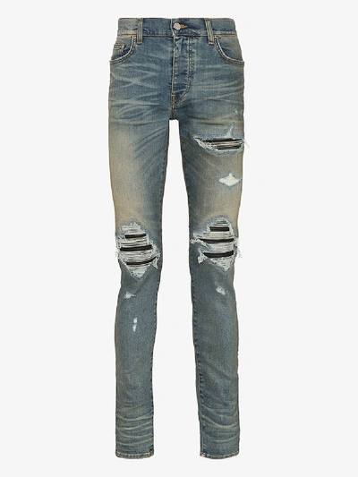 Shop Amiri Mx1 Leather Patch Slim Leg Jeans In Blue