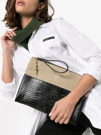 Shop Marni Black And Beige Lizard Effect Leather And Canvas Clutch Bag