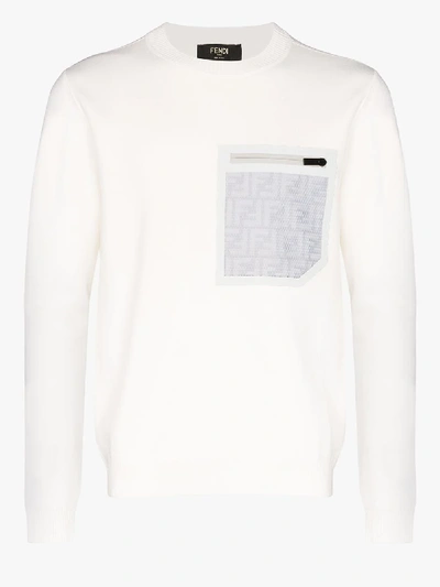 Shop Fendi Reflective Logo Pocket Wool Sweater In White