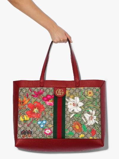 Shop Gucci Red Ophidia Flora Tote Bag In Neutrals