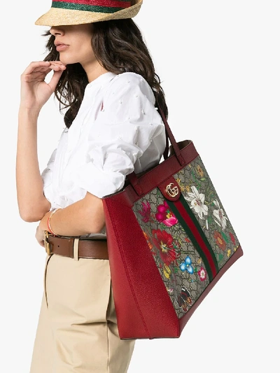 Shop Gucci Red Ophidia Flora Tote Bag In Neutrals