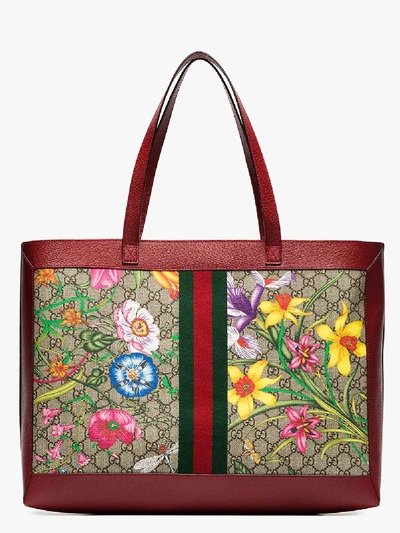 Shop Gucci Red Ophidia Flora Tote Bag In Neutrals