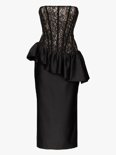 Shop Rasario Corseted Lace And Silk Midi Dress In Black