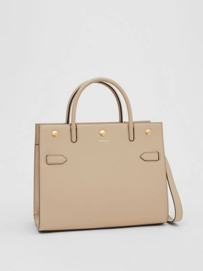 Shop Burberry Small Leather Two-handle Title Bag In Light Beige