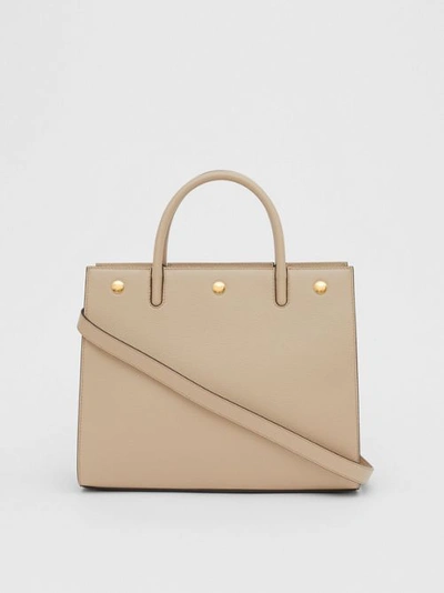 Shop Burberry Small Leather Two-handle Title Bag In Light Beige