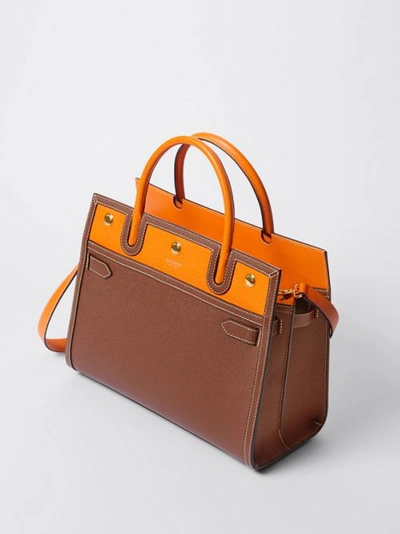 Shop Burberry Small Leather Two-handle Title Bag In Tan/bright Orange