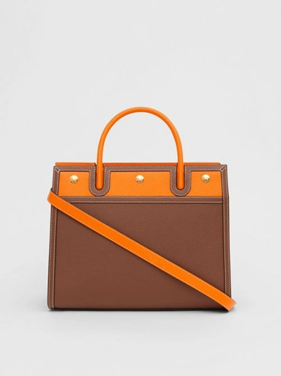 Shop Burberry Small Leather Two-handle Title Bag In Tan/bright Orange