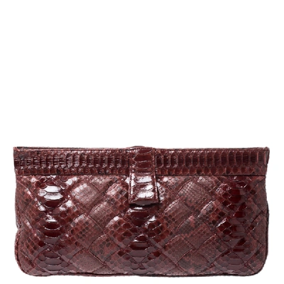 Pre-owned Bottega Veneta Red Python Quilted Large Vibio Clutch In Burgundy