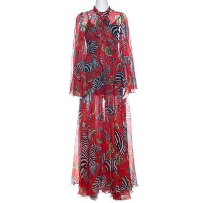 Pre-owned Dolce & Gabbana Red Printed Silk Tie Neck Detail Maxi Dress S