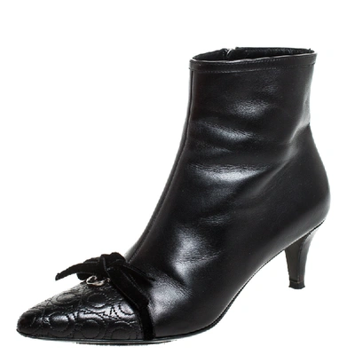 Pre-owned Ferragamo Black Leather Velvet Bow Ankle Length Boots Size 37