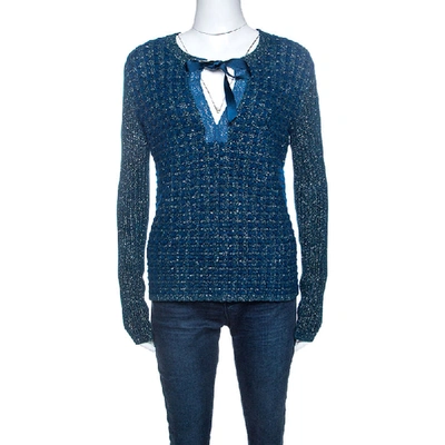 Pre-owned Chanel Blue-green Tweed Mohair Wool Chain Detail Cardigan M